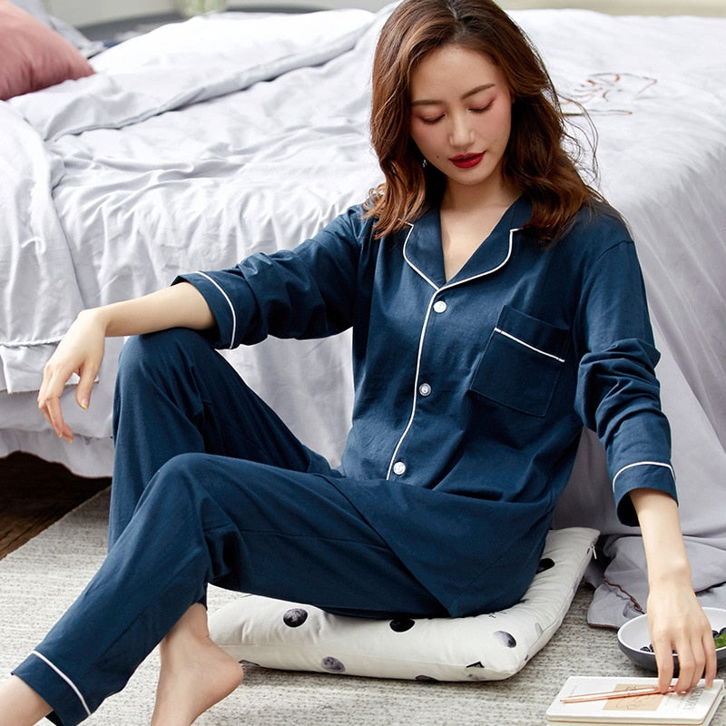 Winter 100% Cotton Pajama for Women PJ Full Sleeves Homewear Blue Pijama Mujer Invierno Pure Cotton Sleepwear 2PCS Pyjama Femme - FabFemina