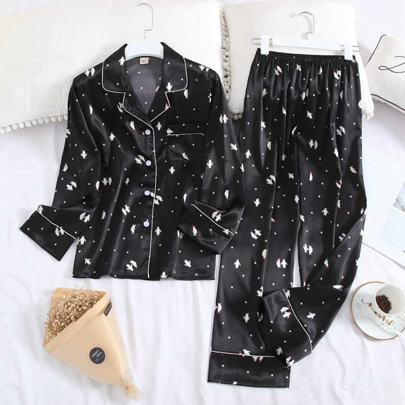 Autumn Ice Silk Long Sleeve Pyjamas Set - FabFemina