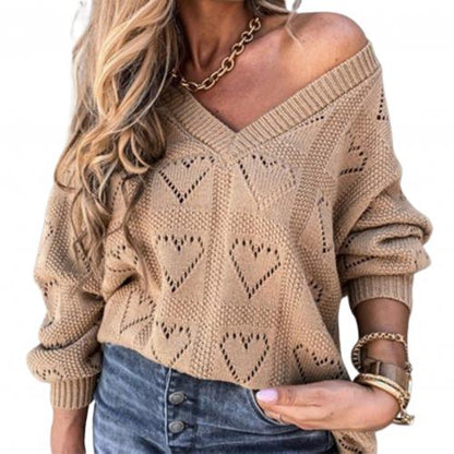 Women Autumn Winter Love Heart Hollow Crochet Sweater Loose V Neck Long Sleeve Casual Knitwear Jumper Rose Red/Pink/Khaki/White - FabFemina