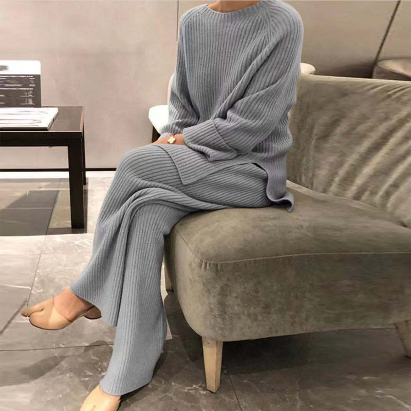 Elegant Casual Soft O-Neck Pullover Tops Wide Legs Two Piece Set - FabFemina