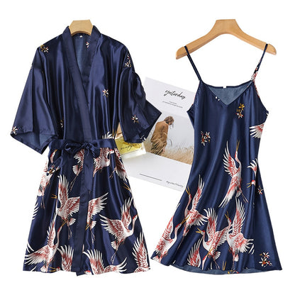 Summer Mini Kimono Sleepwear Silk Nightdress and Robe - FabFemina