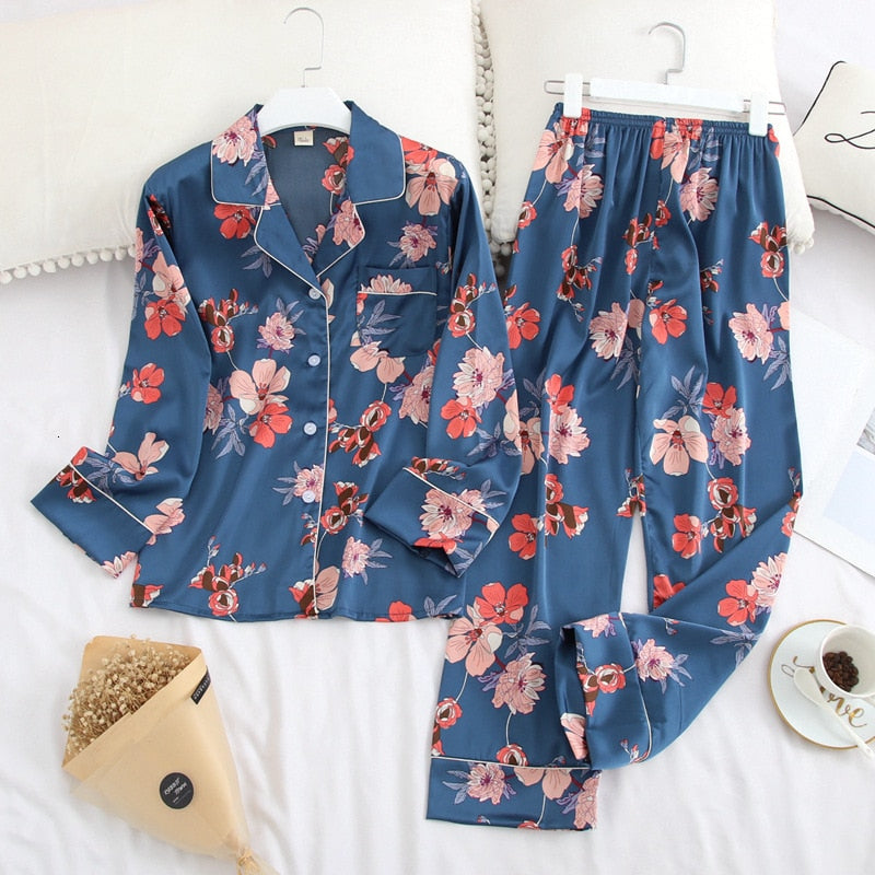 Autumn Ice Silk Long Sleeve Pyjamas Set - FabFemina