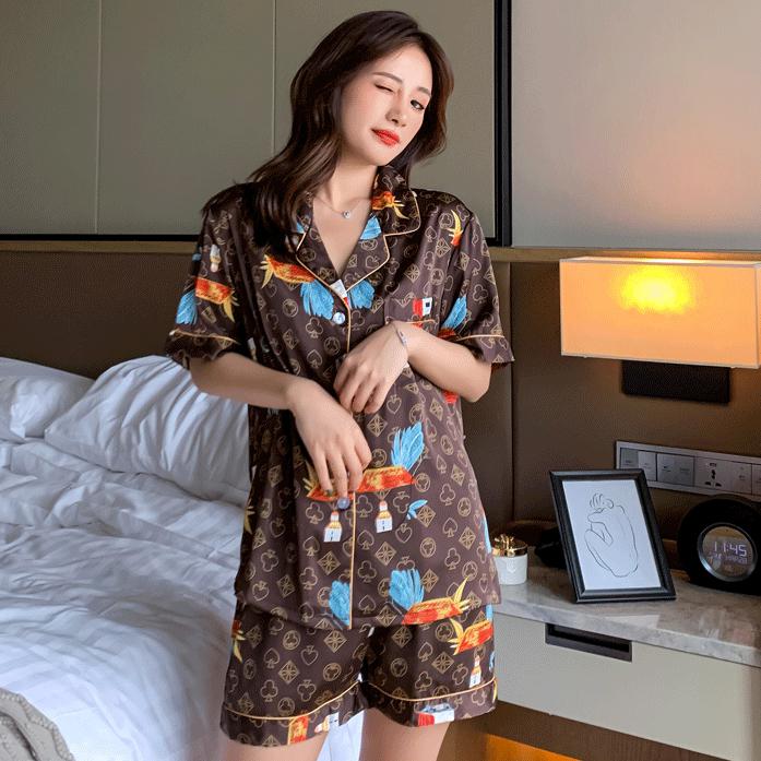 Pajamas Suit Women Satin Print Nightwear Casual 2PCS Pyjamas Set Sleepwear V-Neck Intimate Lingerie Nightgown Comfy Home Wear - FabFemina