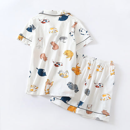 Short Sleeve Pajama Shorts Suit New Summer Cartoon Cotton Loungewear Home Suit Female Sleepwear Cat Pint Pajamas Homewear - FabFemina