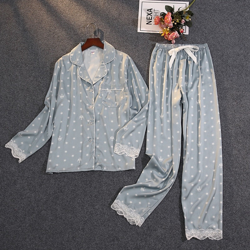 Women's Summer Two-piece Suit Silk Satin Pyjamas Set - FabFemina