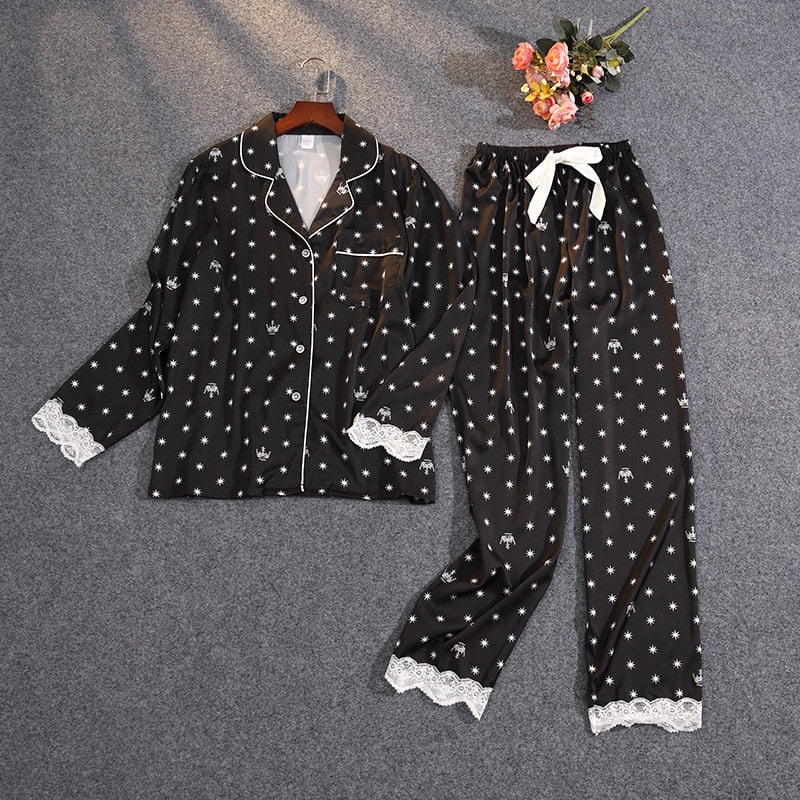 Women's Summer Two-piece Suit Silk Satin Pyjamas Set - FabFemina