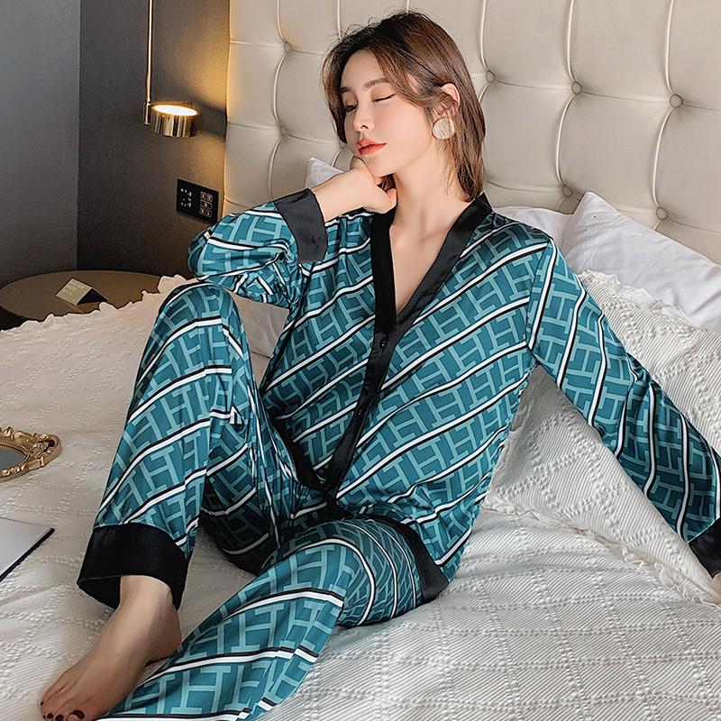 Pajamas Suit Women Satin Print Nightwear Casual 2PCS Pyjamas Set Sleepwear V-Neck Intimate Lingerie Nightgown Comfy Home Wear - FabFemina