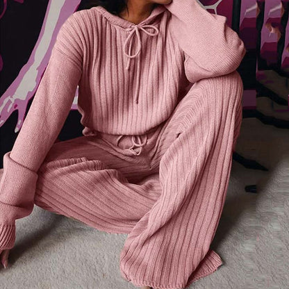 Knitted Hooded Warm Pajama Lounge Wear Set For Women - FabFemina