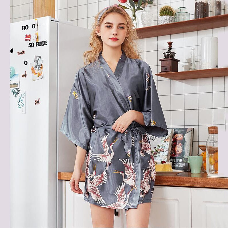 Summer Mini Kimono Sleepwear Silk Nightdress and Robe - FabFemina