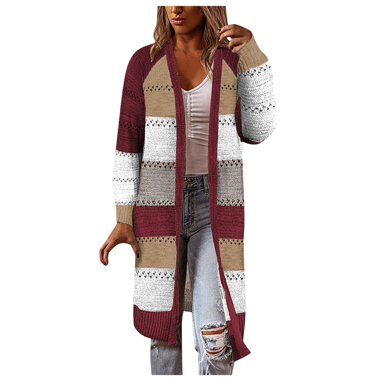 Women Cardigan Comfy Stylish Stitching Long Sleeve Striped Patchwork Sweater Female Casual Long Cardigan Autumn Winter Tops - FabFemina