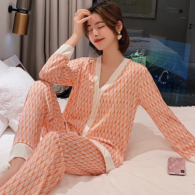 Pajamas Suit Women Satin Print Nightwear Casual 2PCS Pyjamas Set Sleepwear V-Neck Intimate Lingerie Nightgown Comfy Home Wear - FabFemina