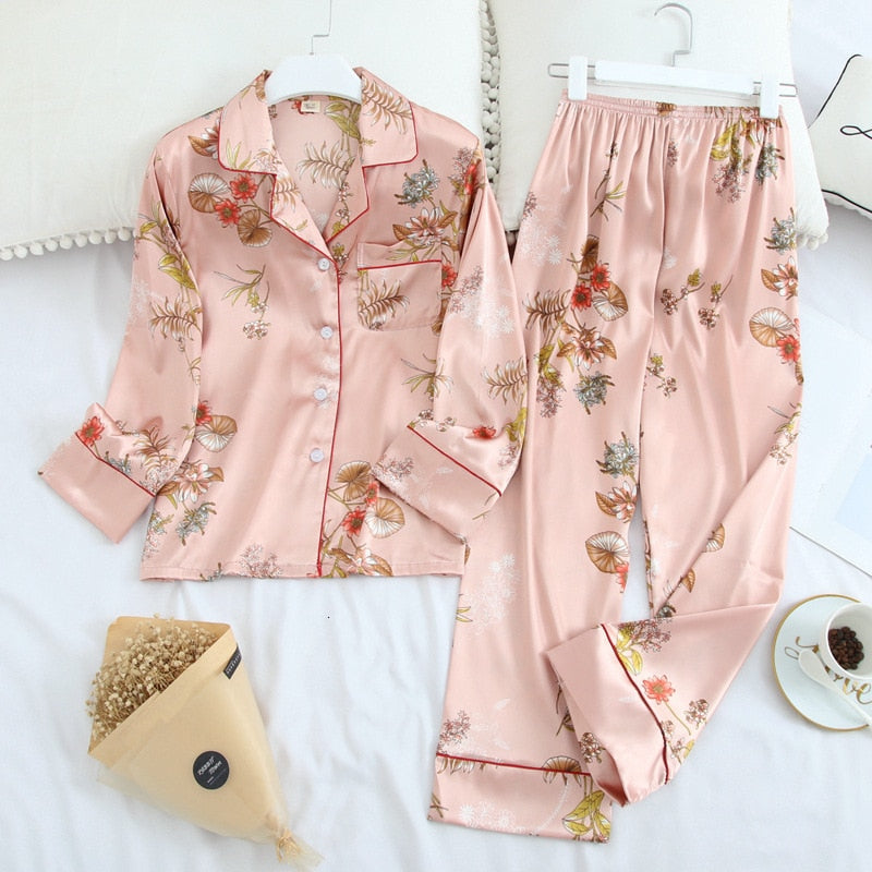 Autumn Ice Silk Long Sleeve Pyjamas Set - FabFemina