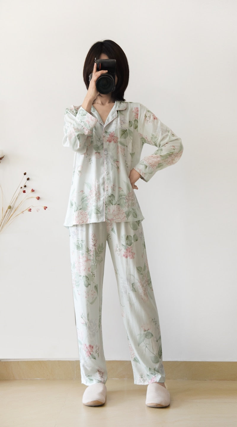 Japanese style cotton silk long-sleeved flower print pajamas set - FabFemina