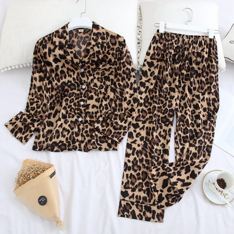 Autumn Ice Silk Long Sleeve Pyjamas Set - FabFemina