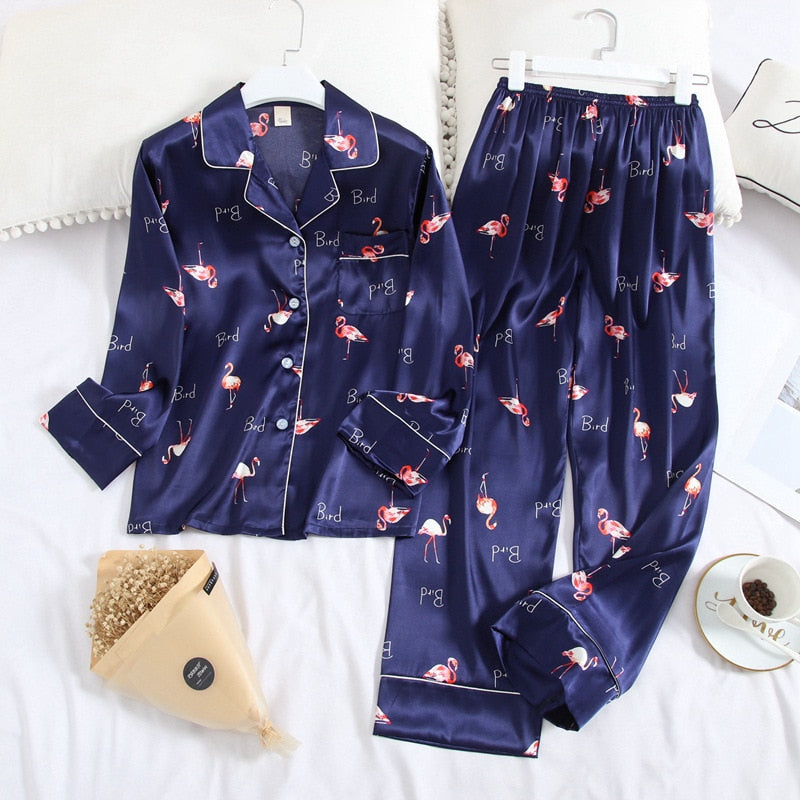 Autumn Ice Silk Long Sleeve Pyjamas Set - FabFemina