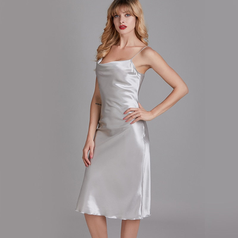 Silky Lady Nightdress Satin Spaghetti Strap Nightgown Intimate Lingerie Summer New Sleepwear White Nightwear Home Dressing Gown - FabFemina