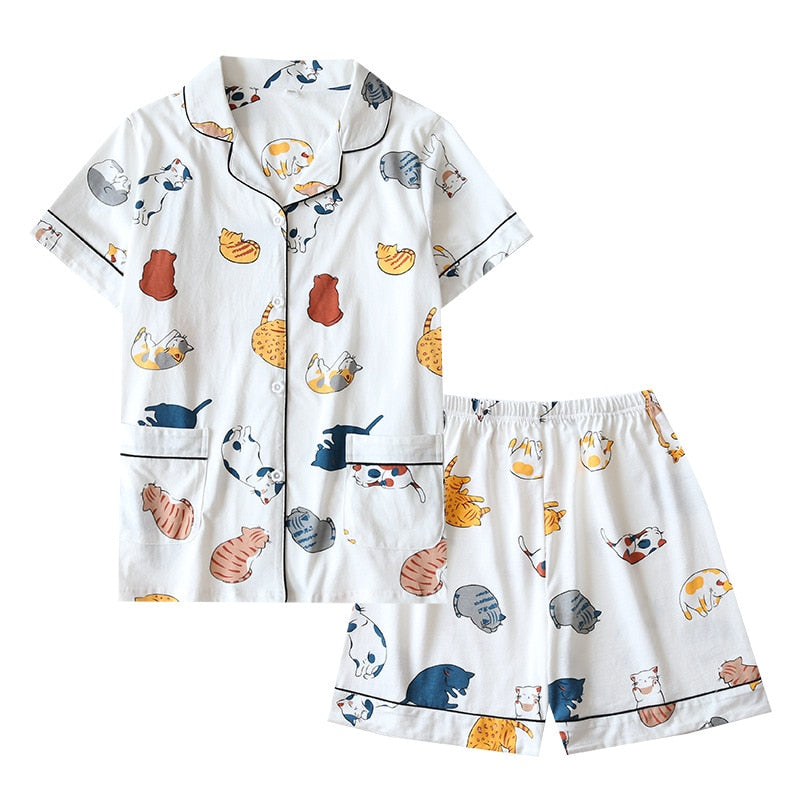 Short Sleeve Pajama Shorts Suit New Summer Cartoon Cotton Loungewear Home Suit Female Sleepwear Cat Pint Pajamas Homewear - FabFemina