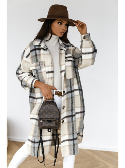 Winter Plaid Shirt Jacket Turn Down Collar Long Oversize Coat for Women - FabFemina