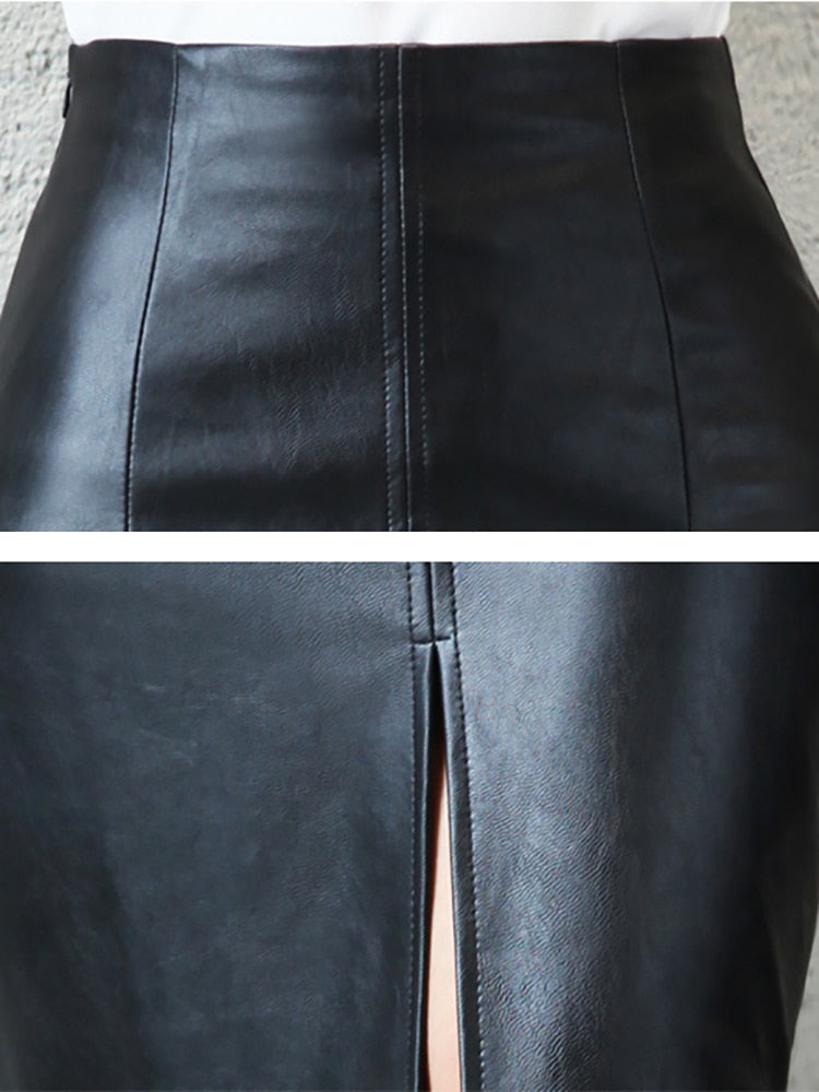 Black PU Leather High Waist Knee Length Skirt for Women - FabFemina