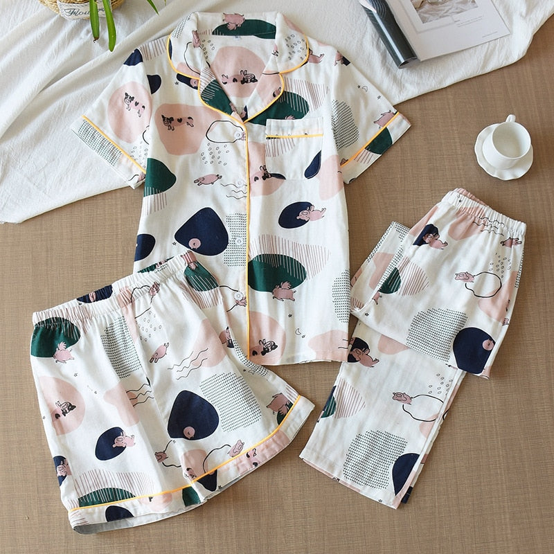 Three-piece 100% cotton gauze short-sleeved top trouser and shorts pajamas set - FabFemina