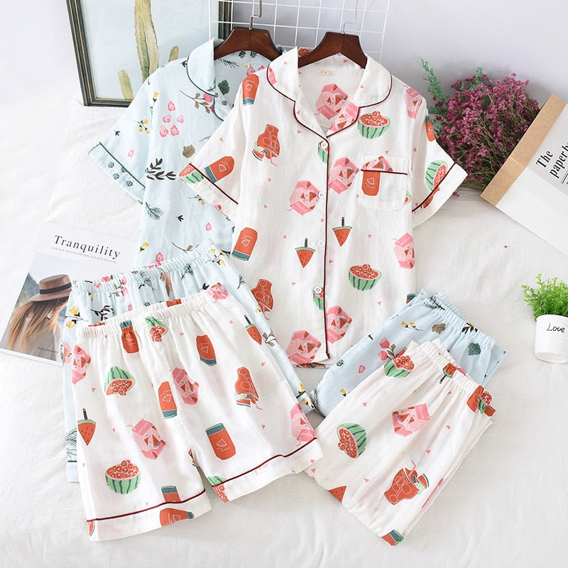 Three-piece 100% cotton gauze short-sleeved top trouser and shorts pajamas set - FabFemina