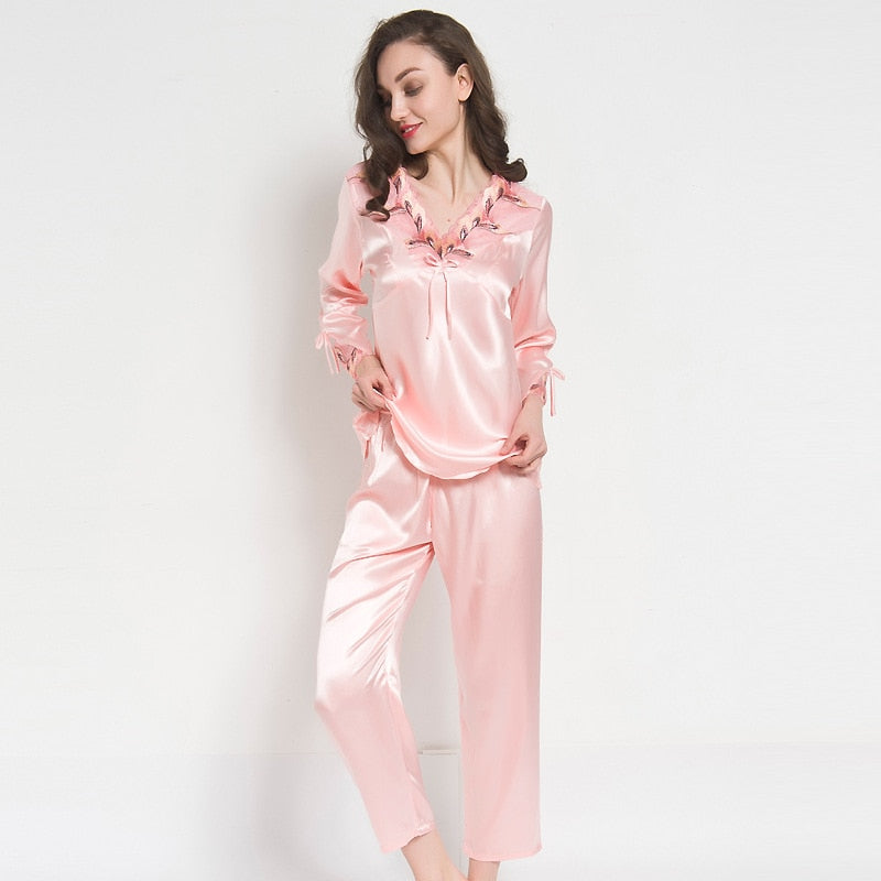 Pajamas women Female pantsuit women Ice Silk Suit Long Sleeve silk pajamas Thin Bud Silk Sleeping Home Suit sleepwear - FabFemina