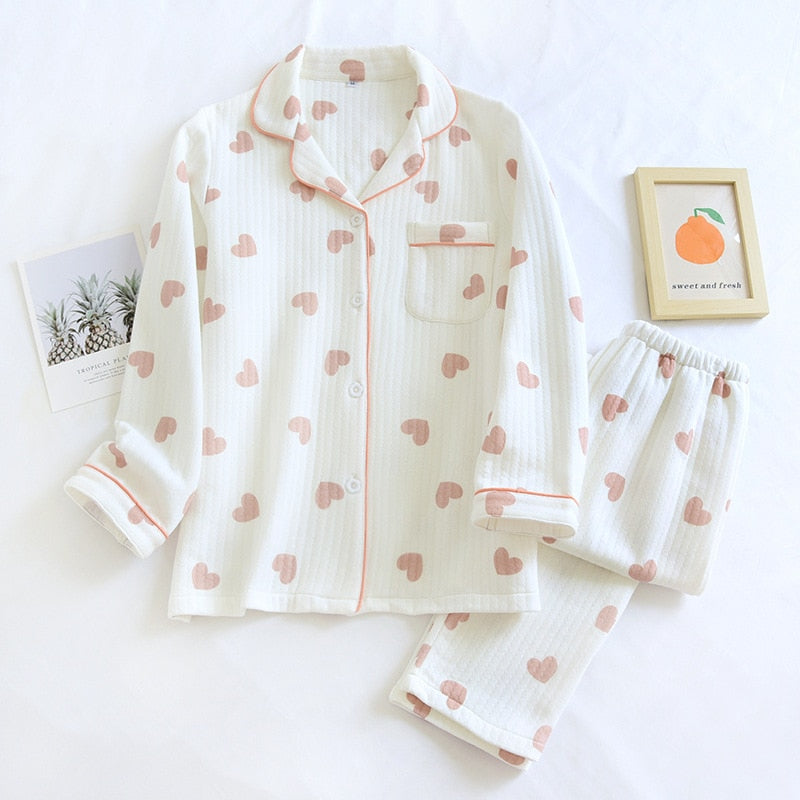 Warm Japanese style long-sleeved pure cotton pajamas set - FabFemina