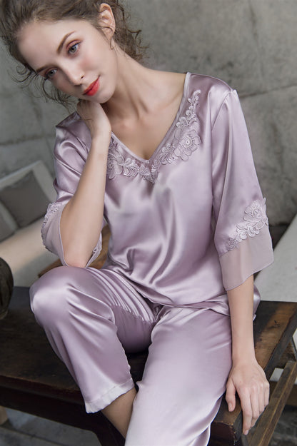 Pajamas women Female pantsuit women Ice Silk Suit Long Sleeve silk pajamas Thin Bud Silk Sleeping Home Suit sleepwear - FabFemina