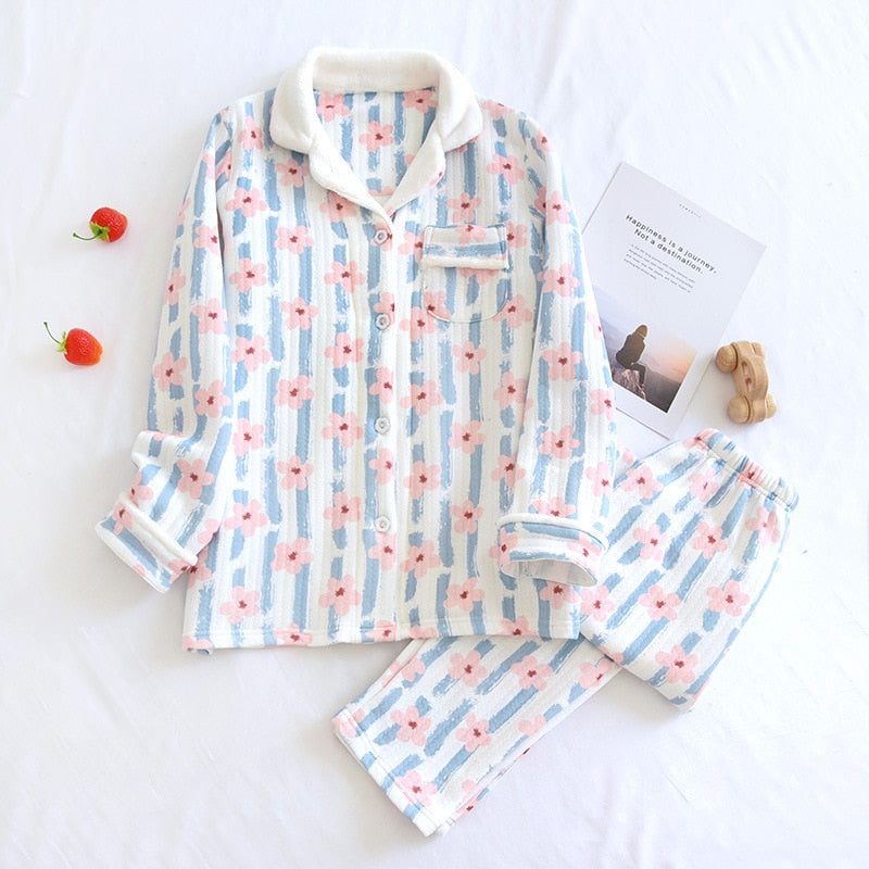 Warm Japanese style long-sleeved pure cotton pajamas set - FabFemina