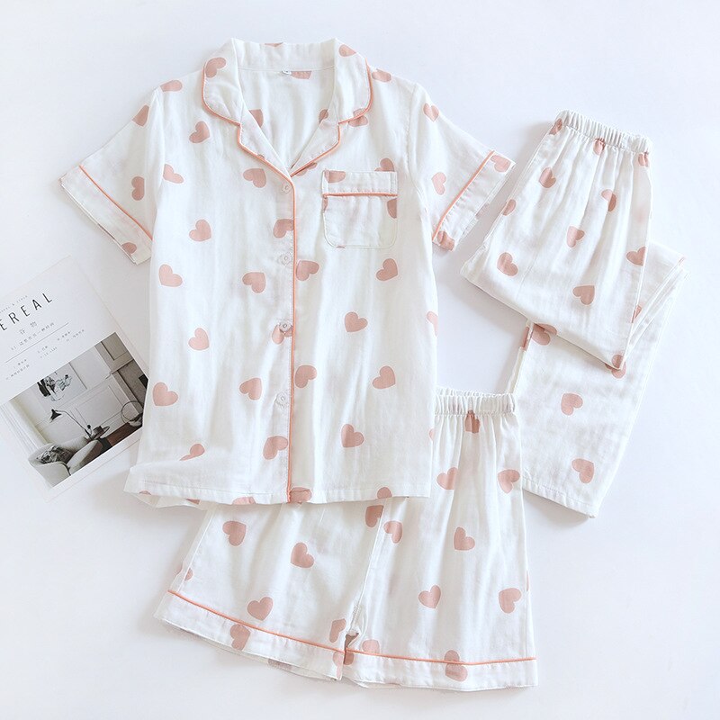 Three-piece 100% cotton gauze short-sleeved top trouser and shorts pajamas set - FabFemina