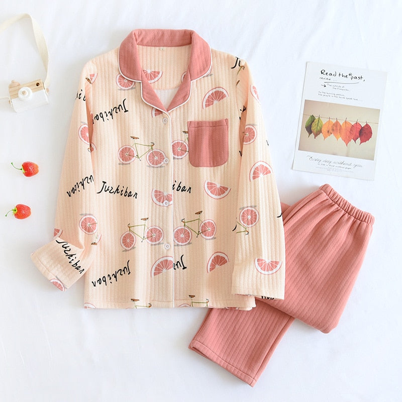 Warm Japanese style long-sleeved pure cotton pajamas set - FabFemina