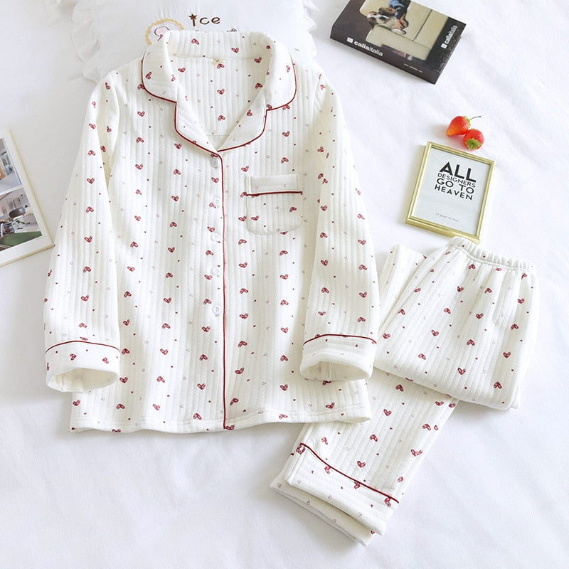 Warm Japanese style long-sleeved pure cotton pajamas set - FabFemina