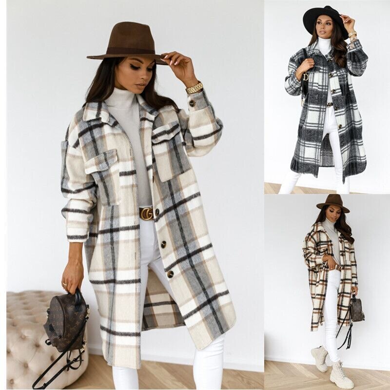 Winter Plaid Shirt Jacket Turn Down Collar Long Oversize Coat for Women - FabFemina