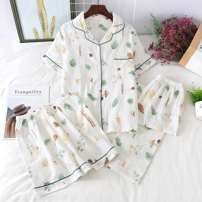 Three-piece 100% cotton gauze short-sleeved top trouser and shorts pajamas set - FabFemina