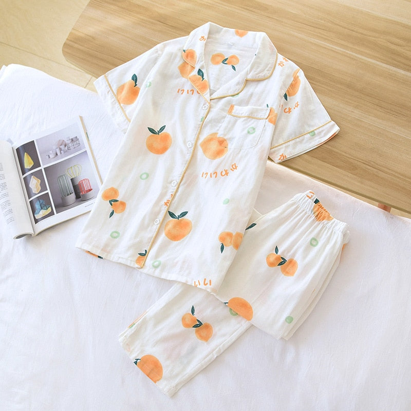 Cute simple 100% cotton gauze short pajamas set - FabFemina
