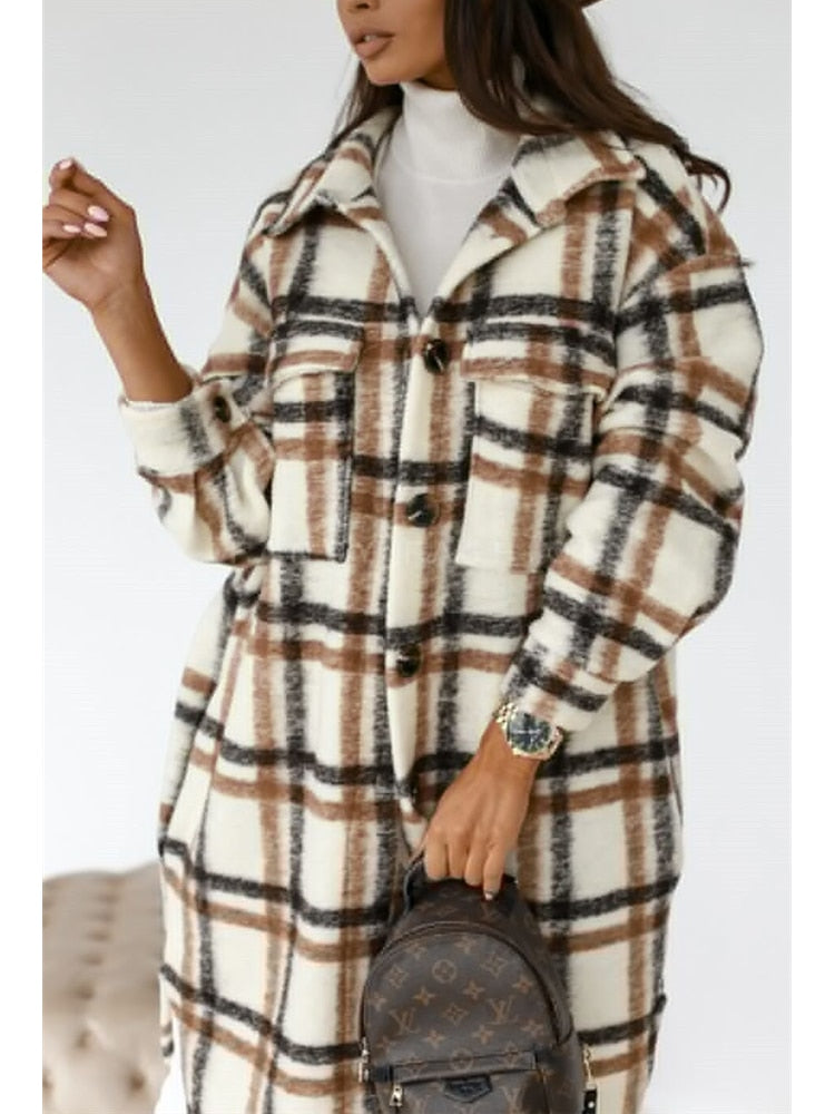 Winter Plaid Shirt Jacket Turn Down Collar Long Oversize Coat for Women - FabFemina