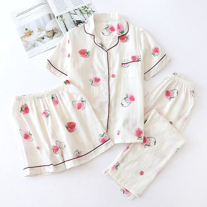 Three-piece 100% cotton gauze short-sleeved top trouser and shorts pajamas set - FabFemina