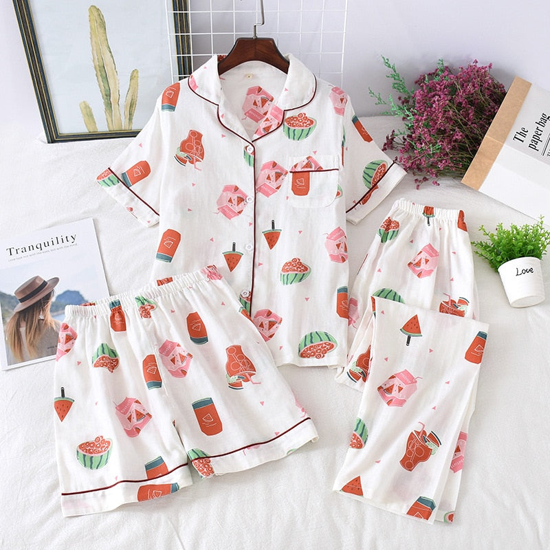 Three-piece 100% cotton gauze short-sleeved top trouser and shorts pajamas set - FabFemina