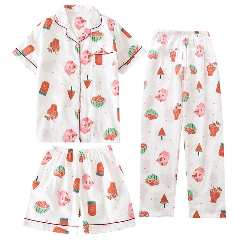 Three-piece 100% cotton gauze short-sleeved top trouser and shorts pajamas set - FabFemina