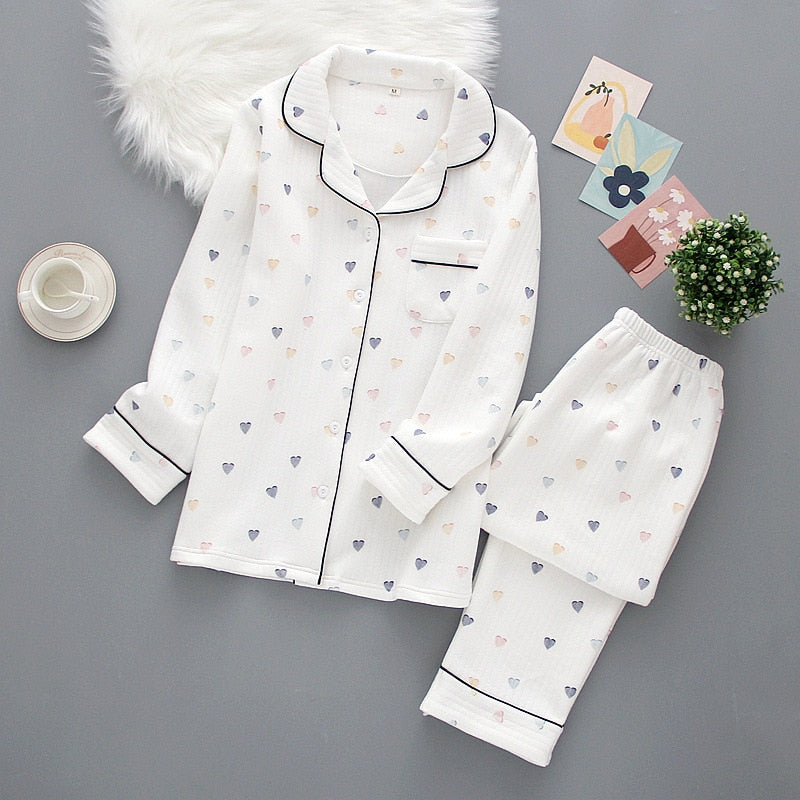 Warm Japanese style long-sleeved pure cotton pajamas set - FabFemina