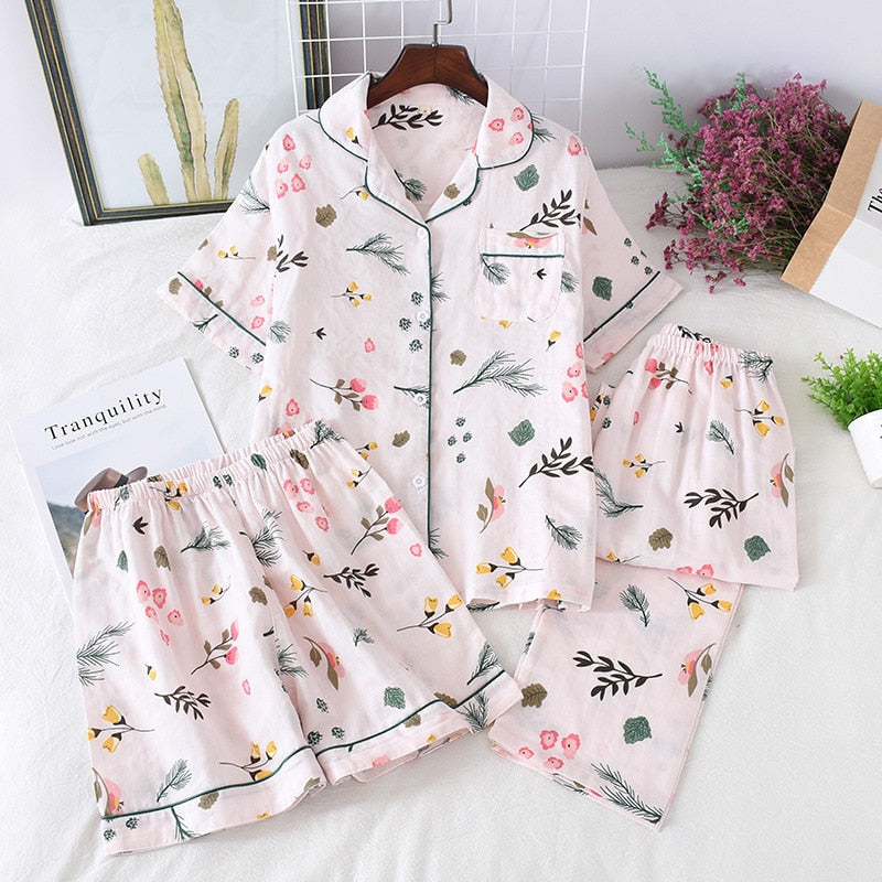 Three-piece 100% cotton gauze short-sleeved top trouser and shorts pajamas set - FabFemina
