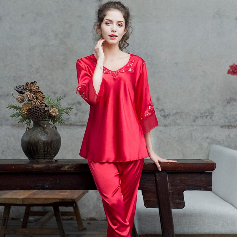 Pajamas women Female pantsuit women Ice Silk Suit Long Sleeve silk pajamas Thin Bud Silk Sleeping Home Suit sleepwear - FabFemina