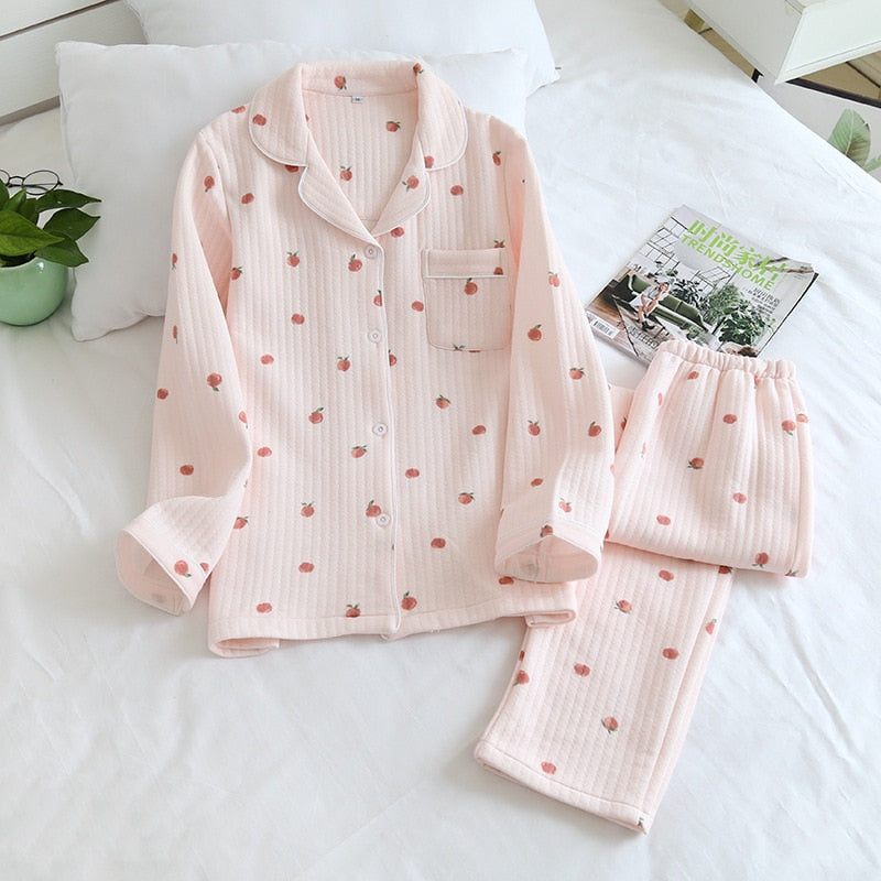 Warm Japanese style long-sleeved pure cotton pajamas set - FabFemina