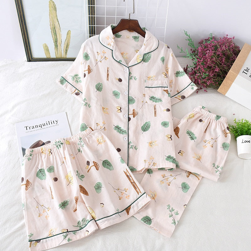 Three-piece 100% cotton gauze short-sleeved top trouser and shorts pajamas set - FabFemina