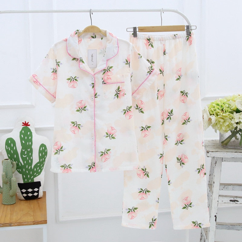 Cute simple 100% cotton gauze short pajamas set - FabFemina
