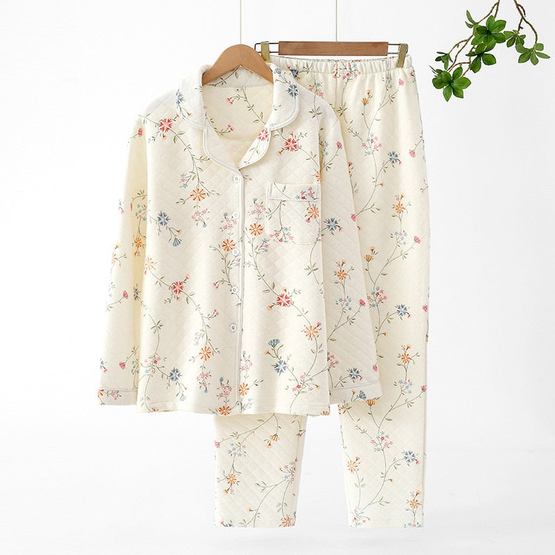 Warm Japanese style long-sleeved pure cotton pajamas set - FabFemina