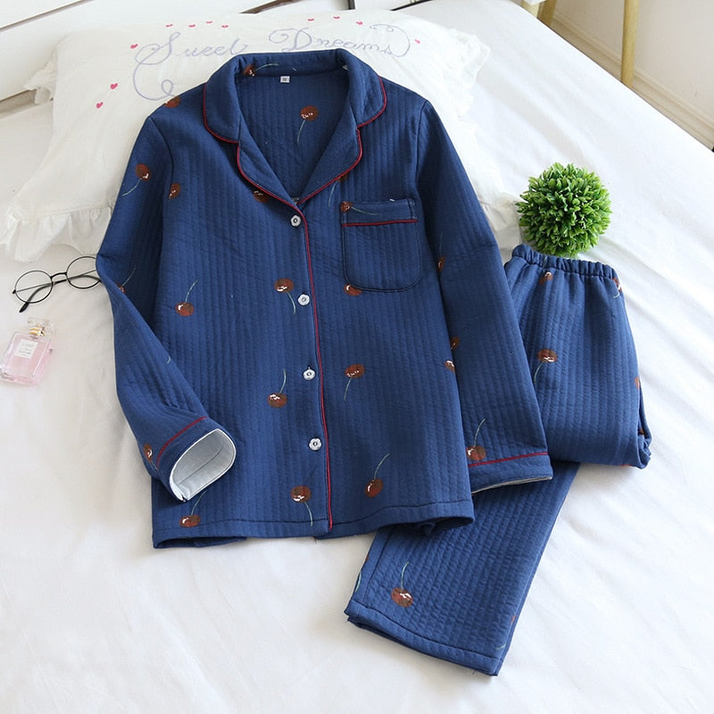 Warm Japanese style long-sleeved pure cotton pajamas set - FabFemina