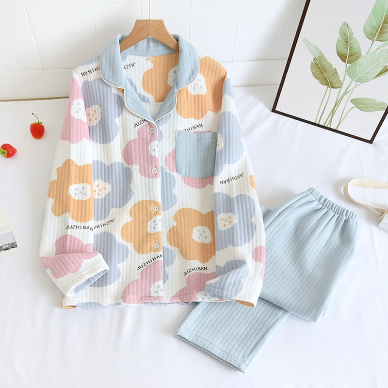 Warm Japanese style long-sleeved pure cotton pajamas set - FabFemina