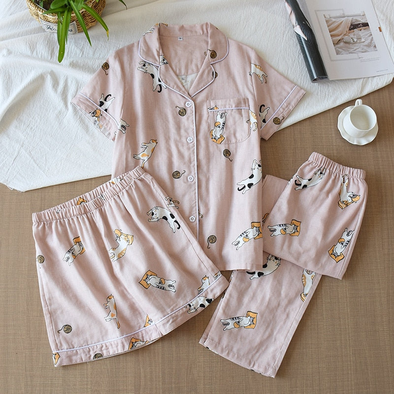 Three-piece 100% cotton gauze short-sleeved top trouser and shorts pajamas set - FabFemina