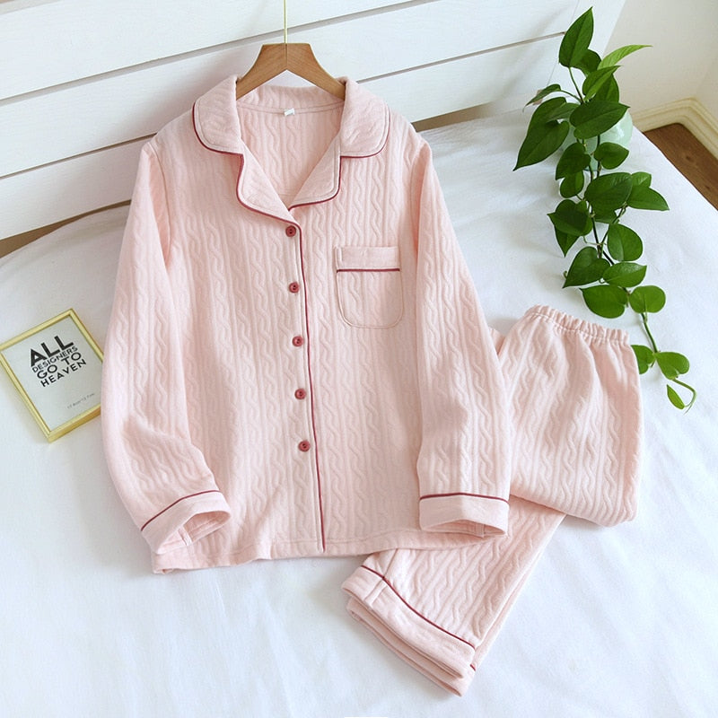 Warm Japanese style long-sleeved pure cotton pajamas set - FabFemina